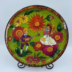 Vintage Daher England Tin Serving Tray Floral Fairy Toleware Folkart Guitar MCM